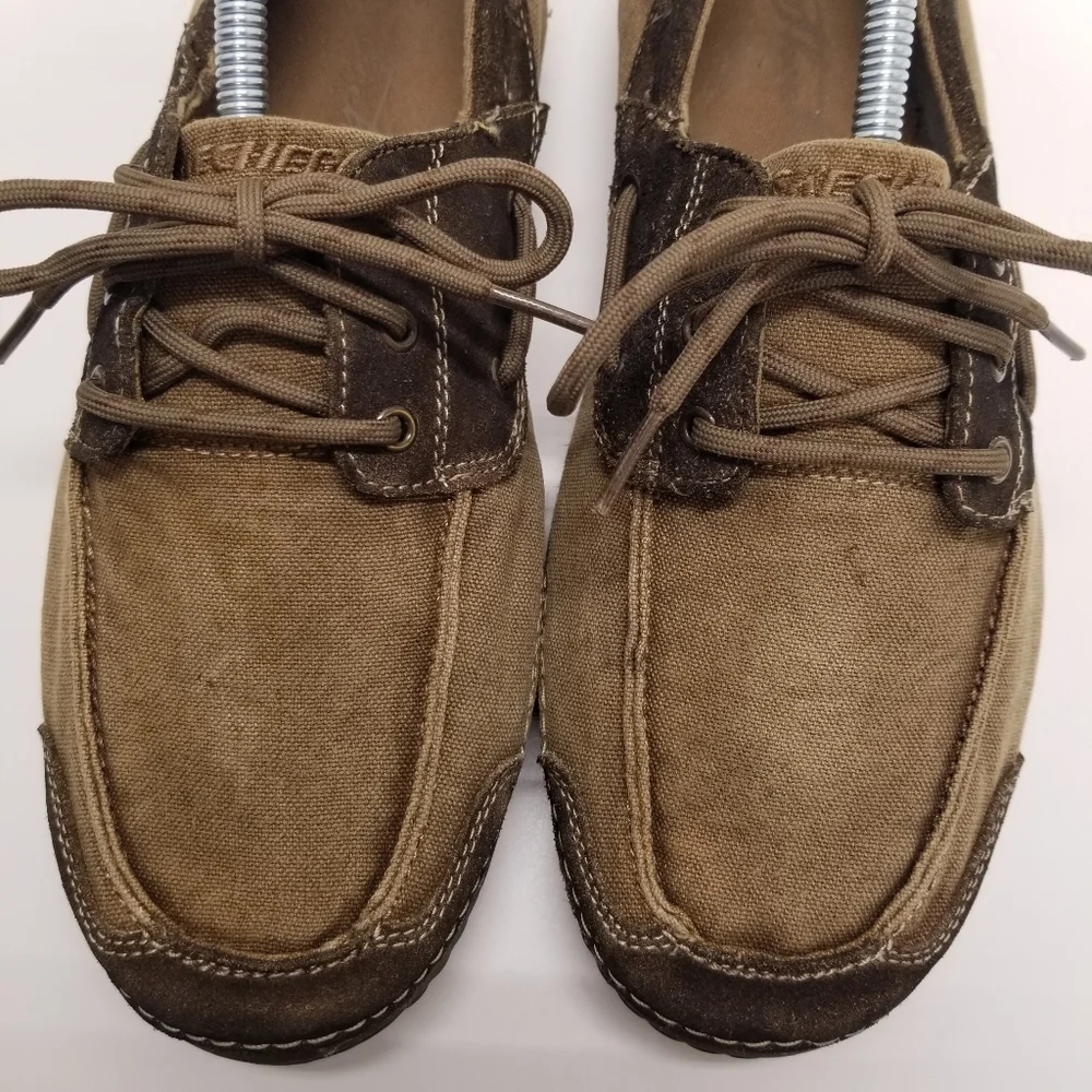 Sketchers Mens Size 10.5 Tan/Brown Textile Canvas Upper Loafer Lace Up Slip On